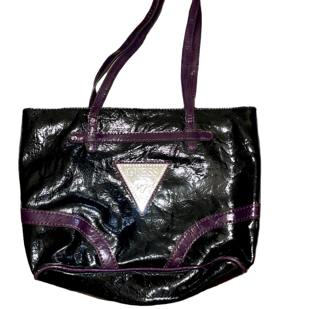 GUESS Paten-leather Rhinestone Black and Purple Shoulder Bag